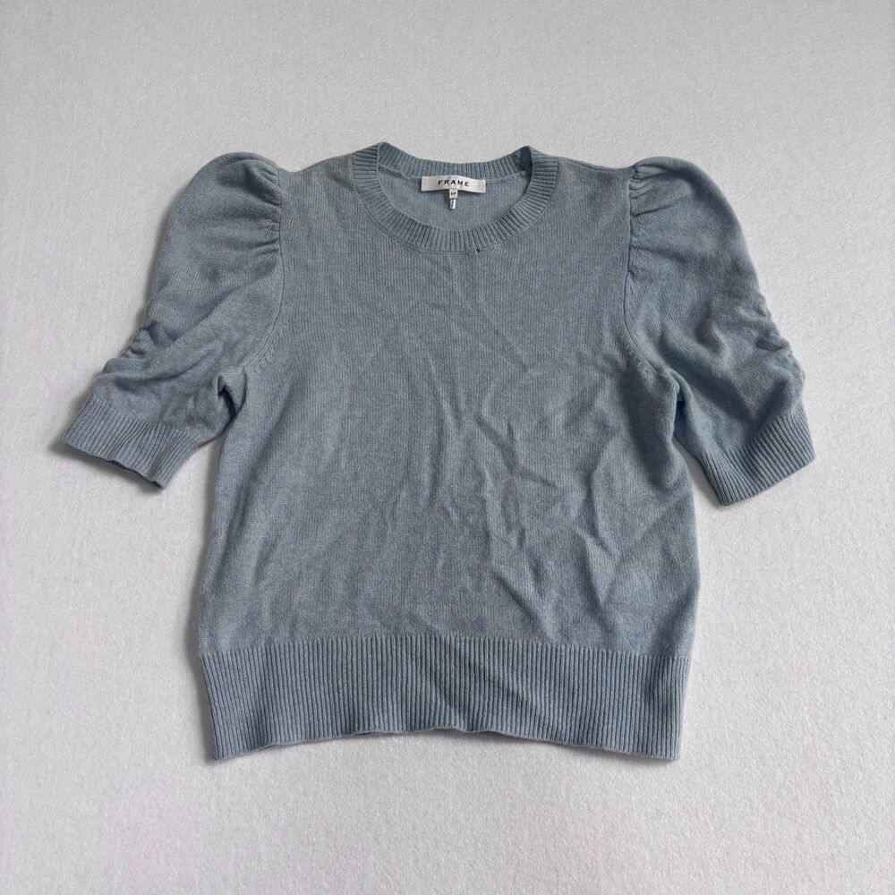 FRAME Ruched Sleeve 100% Cashmere Sweater Women's S Blue Soft Crew Neck *READ*